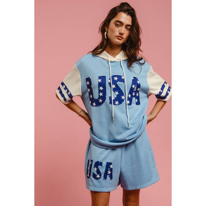 USA STAR PRINT MIX AND MATCH SHORT SLEEVES HOODIE TOP