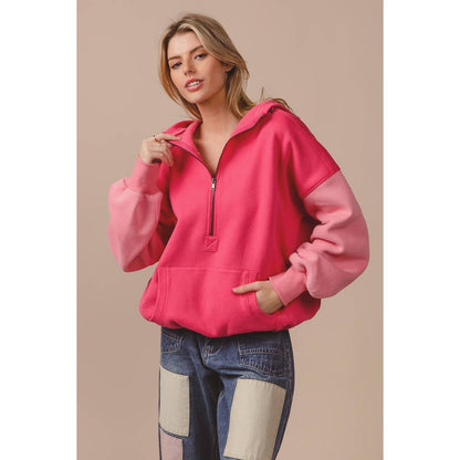 COLOR BLOCK ELASTIC HEM FLEECE HOODIE
