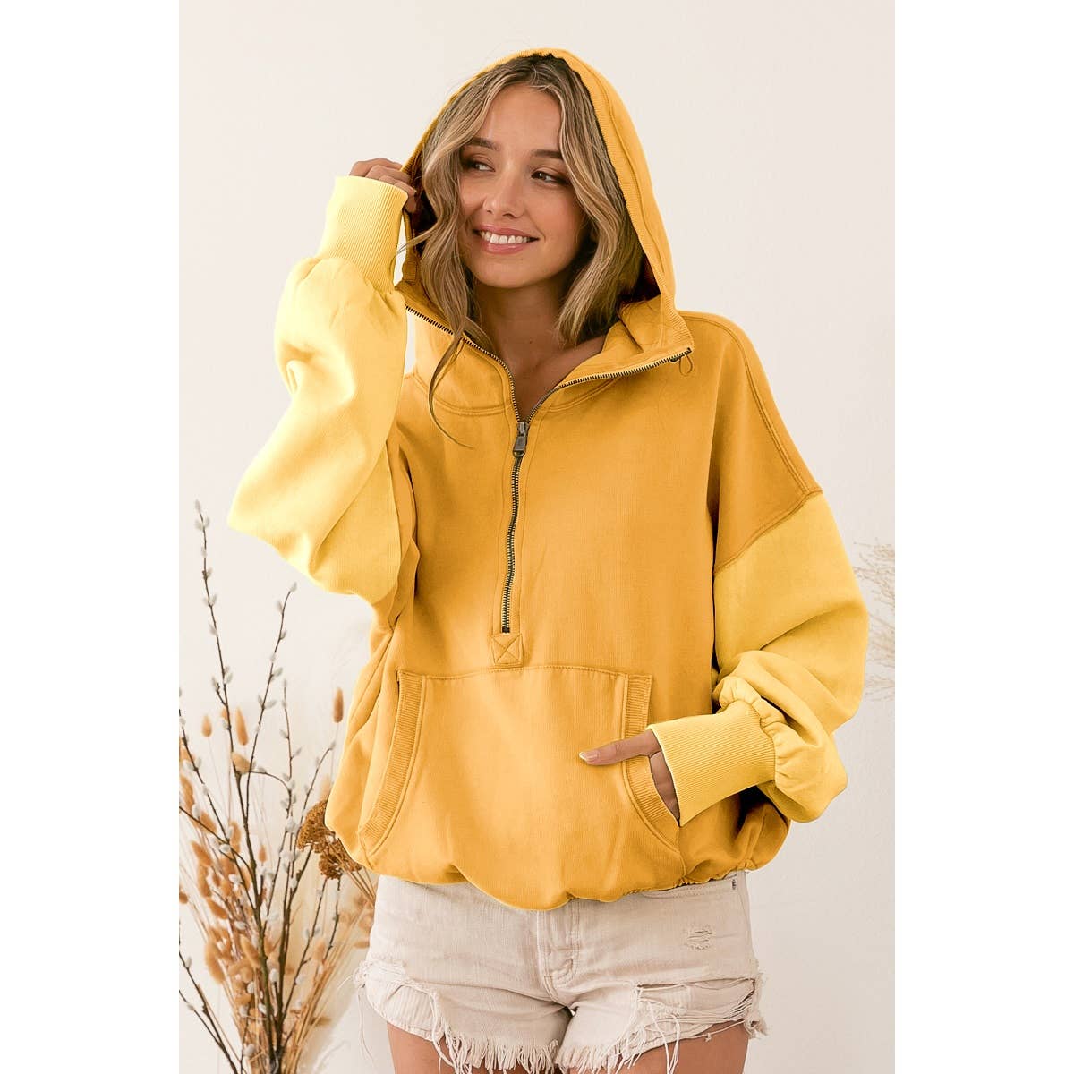 COLOR BLOCK ELASTIC HEM FLEECE HOODIE