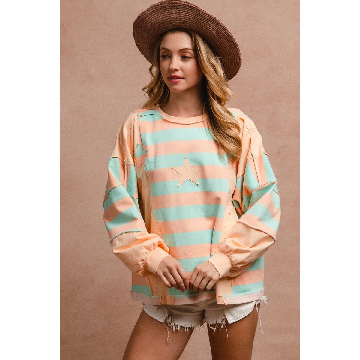 STRIPE AND PATCHWORK SWEATSHIRT TOP
