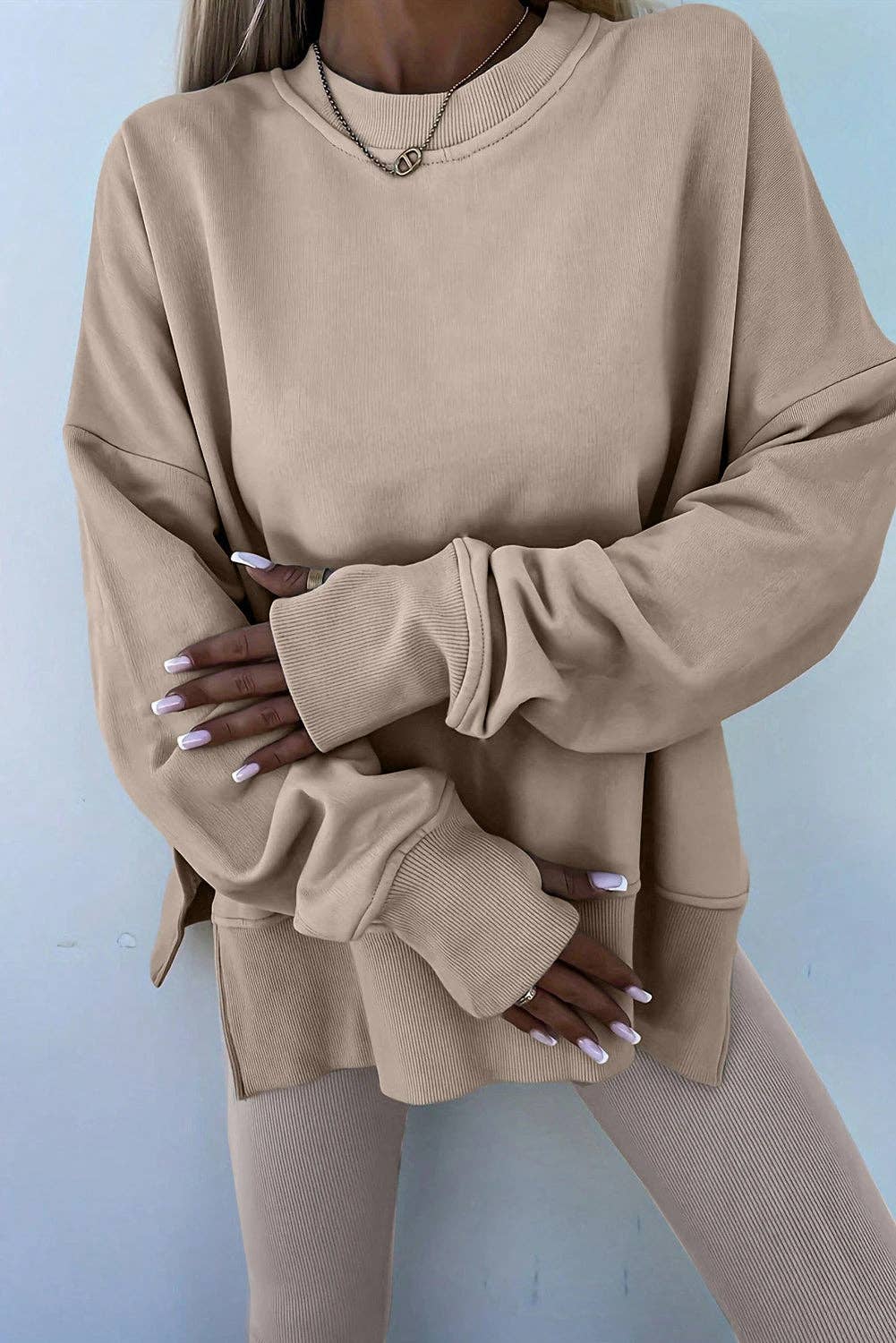 Solid Oversize Slit Sweatshirt with Ribbed Leggings Set