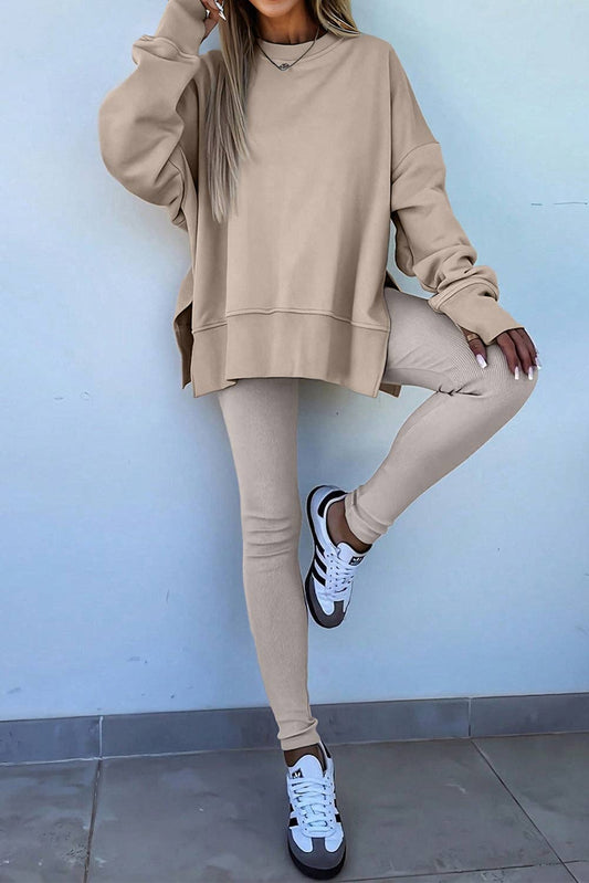 Solid Oversize Slit Sweatshirt with Ribbed Leggings Set
