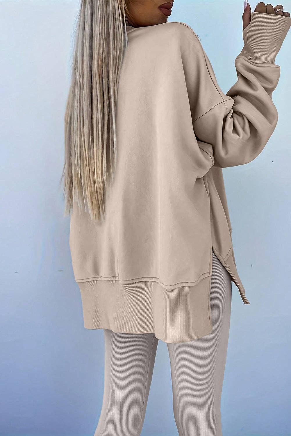 Solid Oversize Slit Sweatshirt with Ribbed Leggings Set