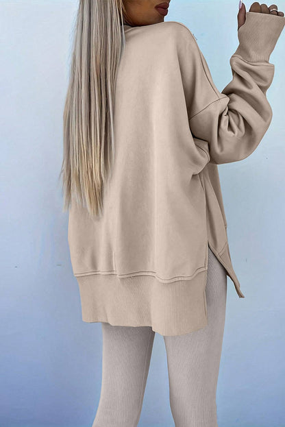 Solid Oversize Slit Sweatshirt with Ribbed Leggings Set