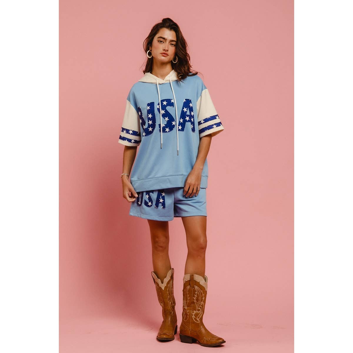 USA STAR PRINT MIX AND MATCH SHORT SLEEVES HOODIE TOP