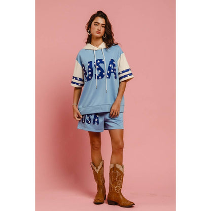 USA STAR PRINT MIX AND MATCH SHORT SLEEVES HOODIE TOP