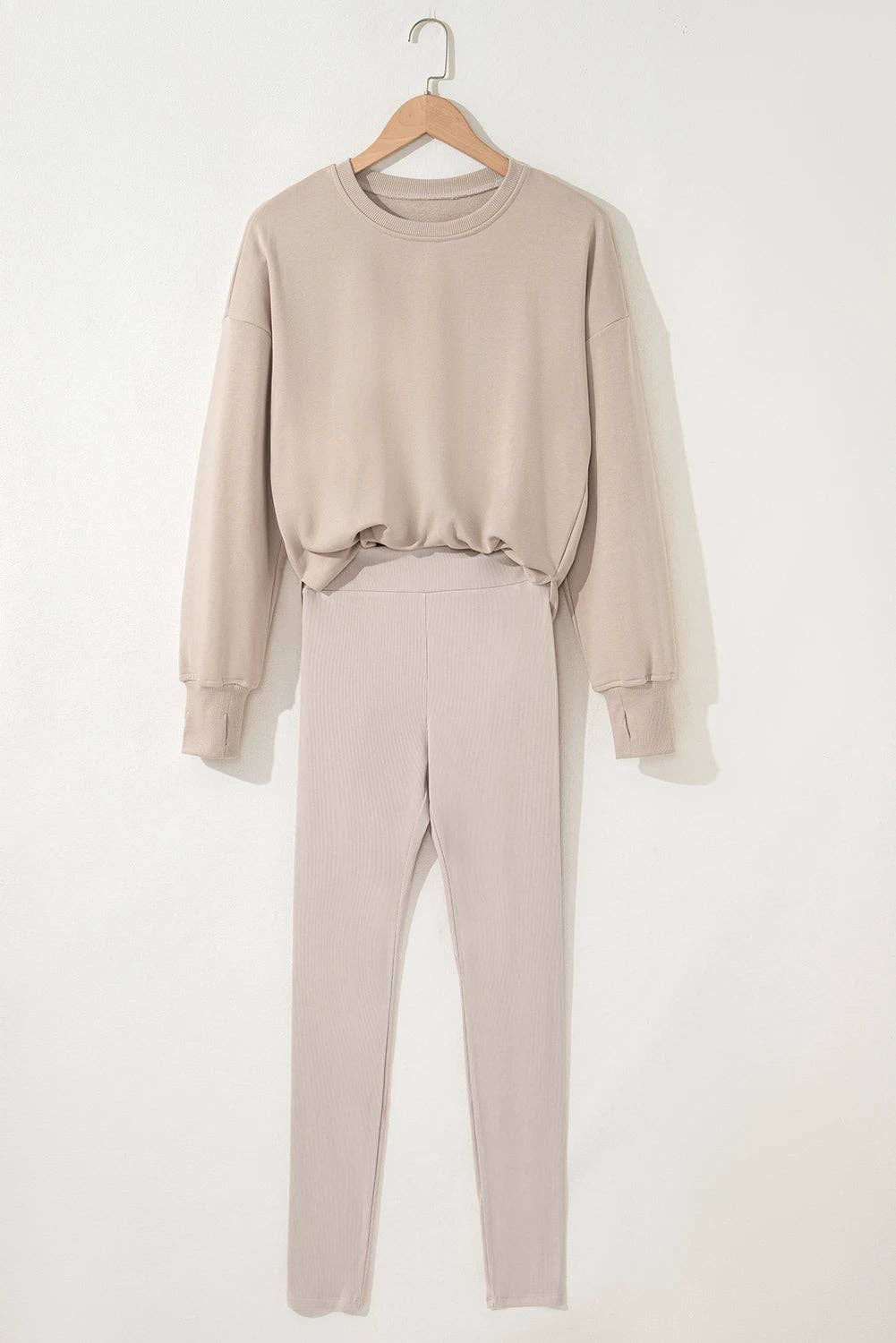 Solid Oversize Slit Sweatshirt with Ribbed Leggings Set