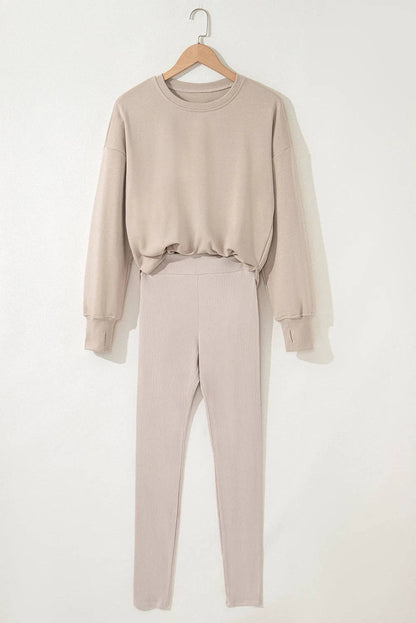 Solid Oversize Slit Sweatshirt with Ribbed Leggings Set