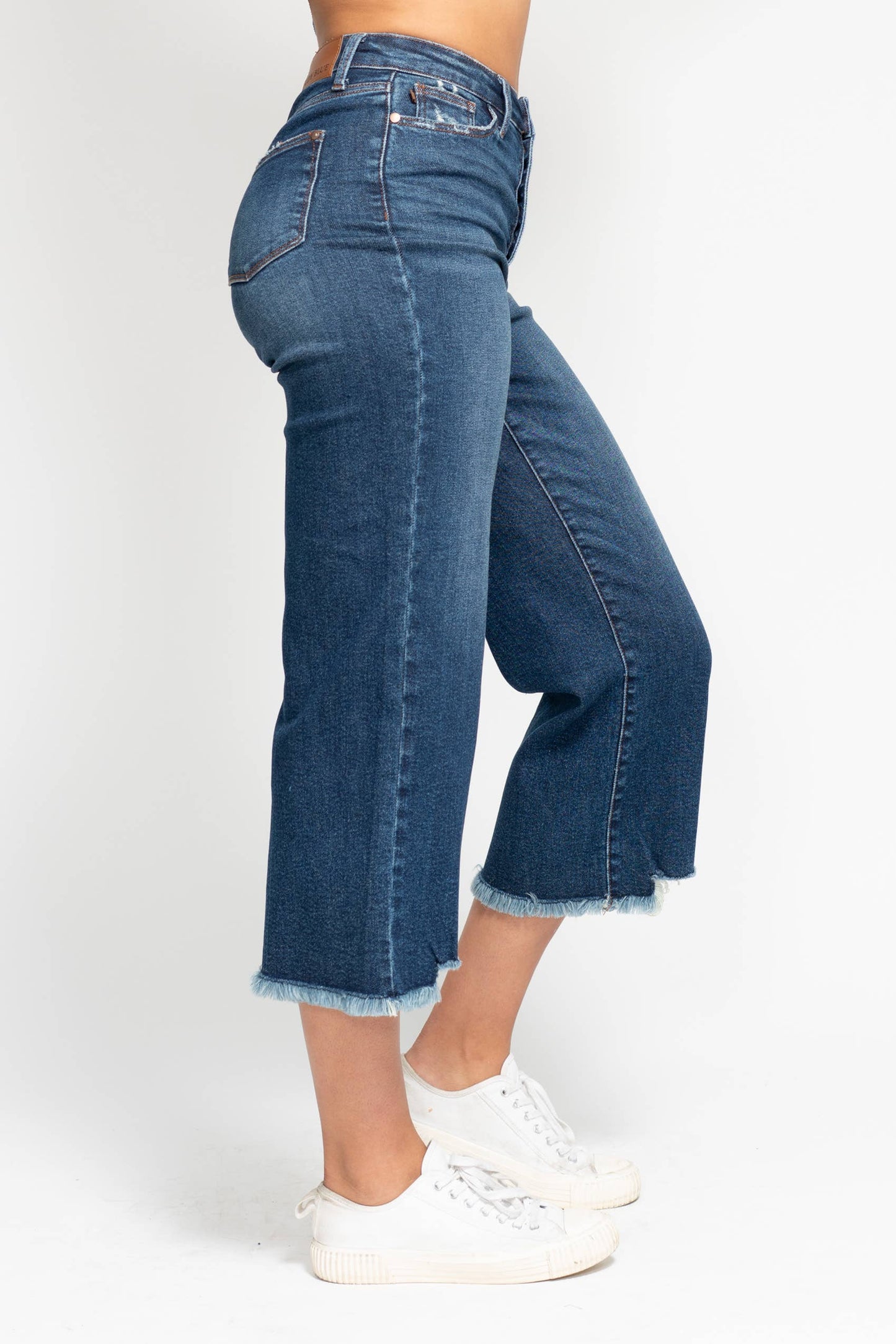 High Waisted Button Fly Destroy Hem Crop Wide
