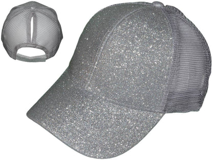 Glitter Ponytail Trucker Hats - Low Profile Structured Mesh