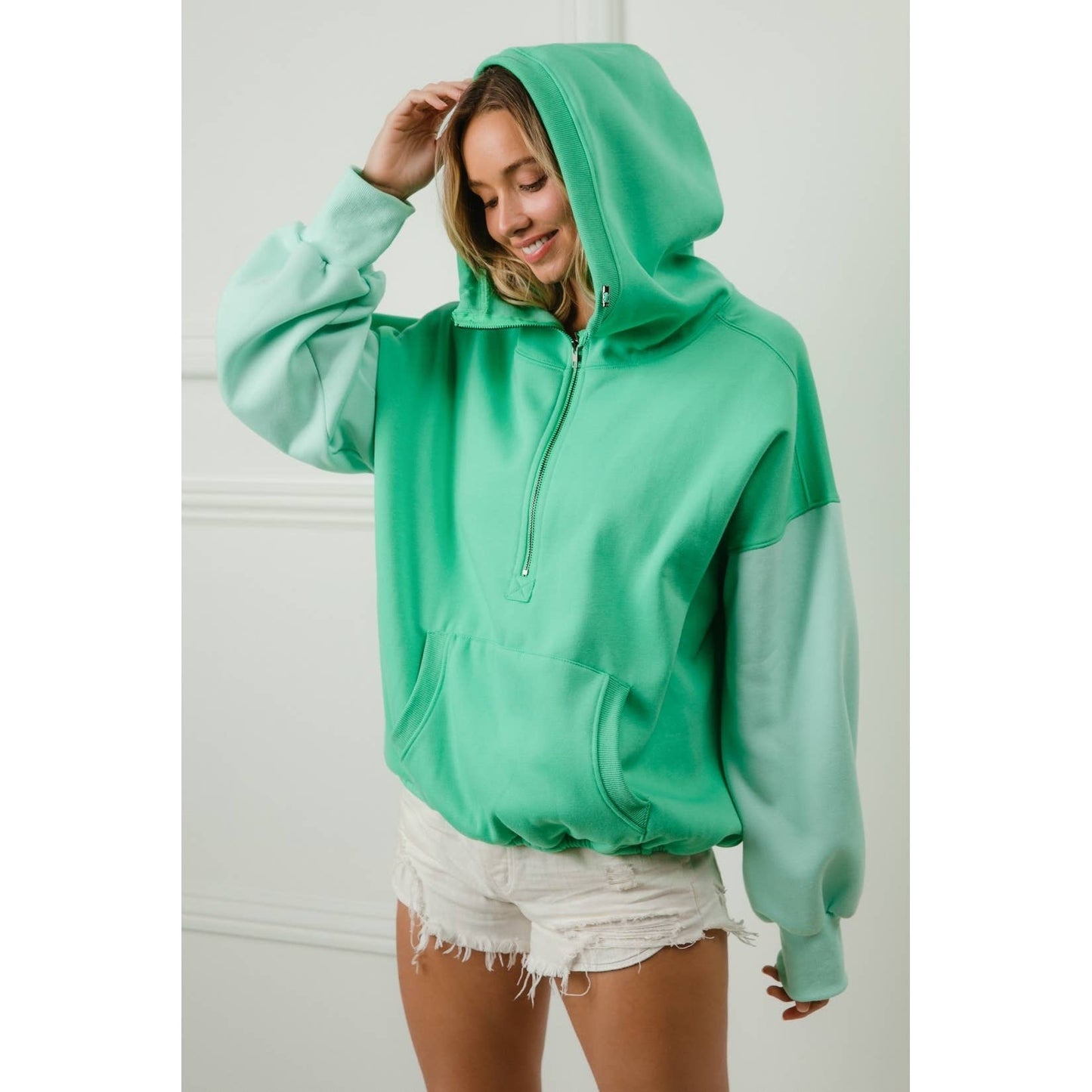 COLOR BLOCK ELASTIC HEM FLEECE HOODIE
