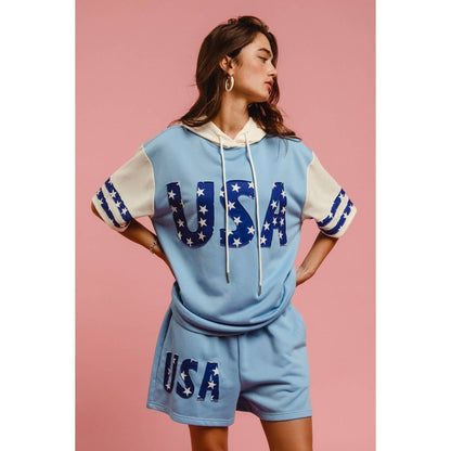 USA STAR PRINT MIX AND MATCH SHORT SLEEVES HOODIE TOP