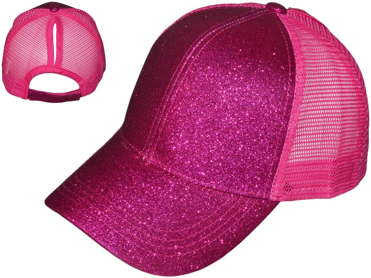 Glitter Ponytail Trucker Hats - Low Profile Structured Mesh