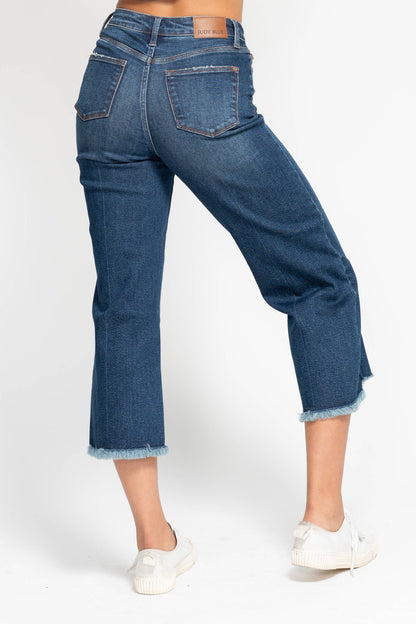 High Waisted Button Fly Destroy Hem Crop Wide