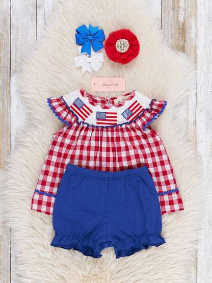 Smocked Gingham American Flag Bloomers Outfit