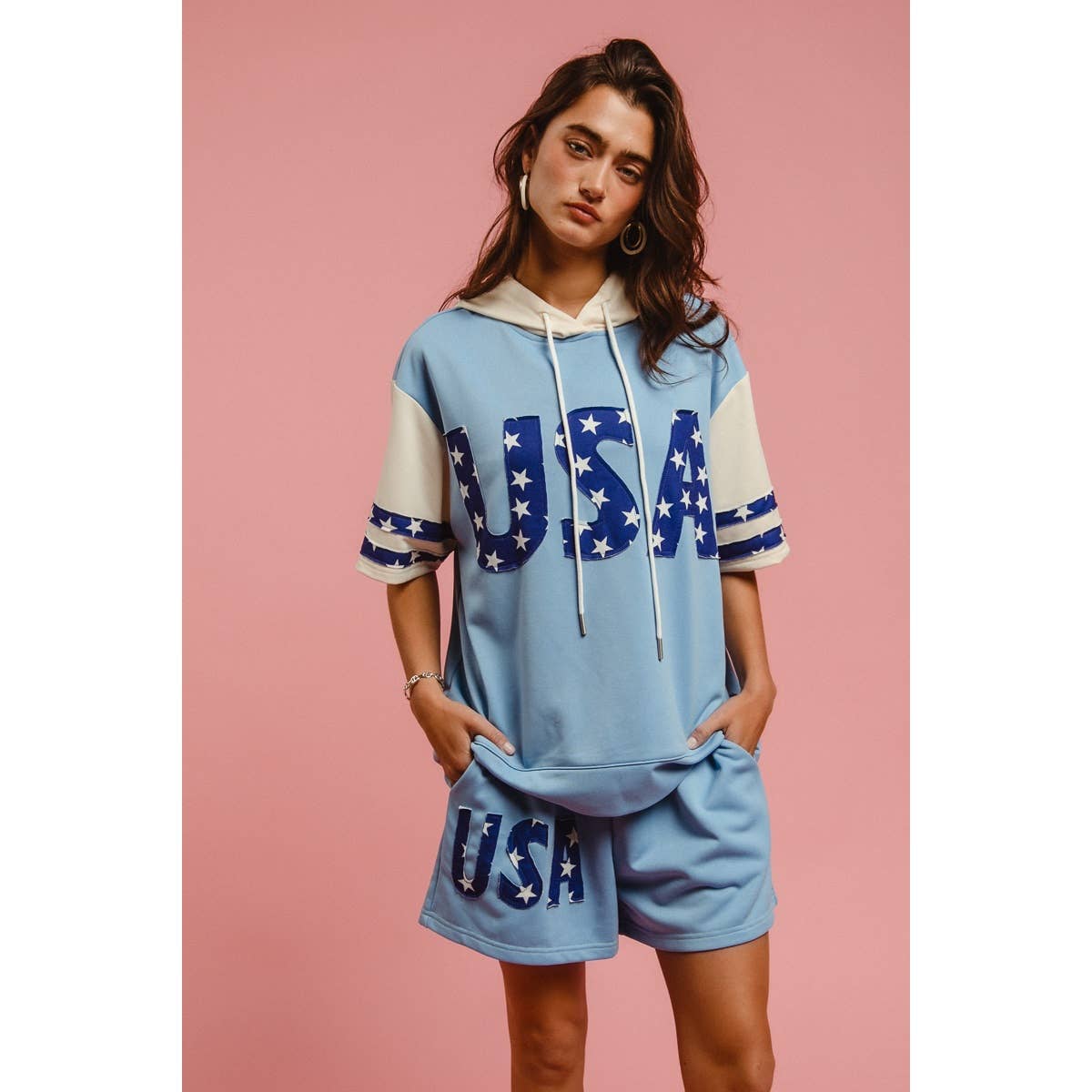 USA STAR PRINT MIX AND MATCH SHORT SLEEVES HOODIE TOP