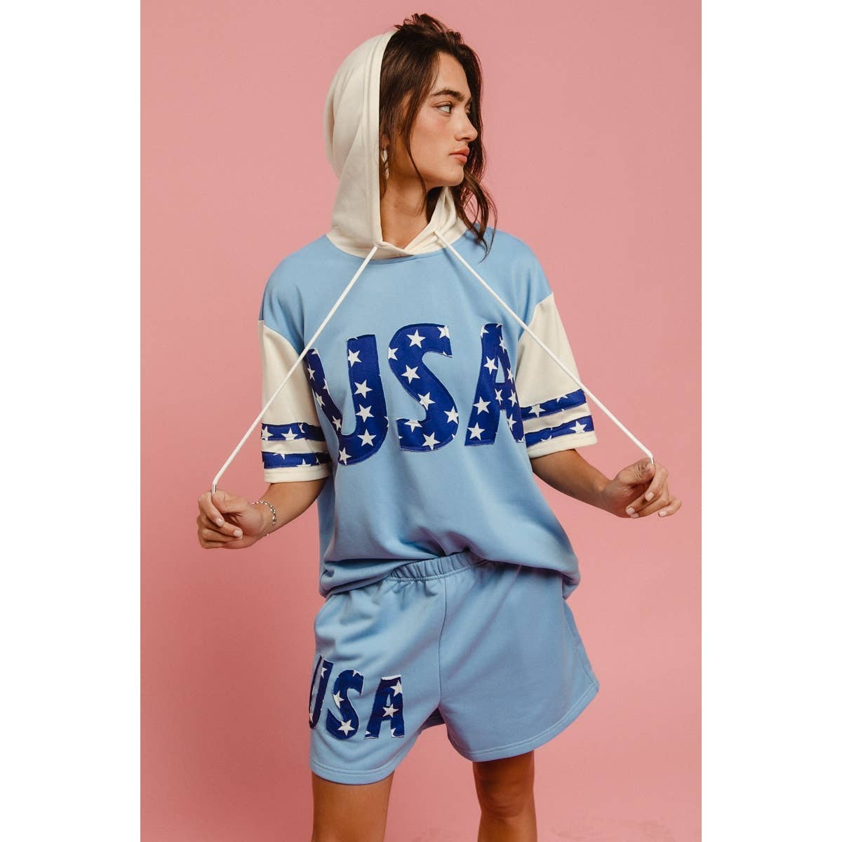 USA STAR PRINT MIX AND MATCH SHORT SLEEVES HOODIE TOP