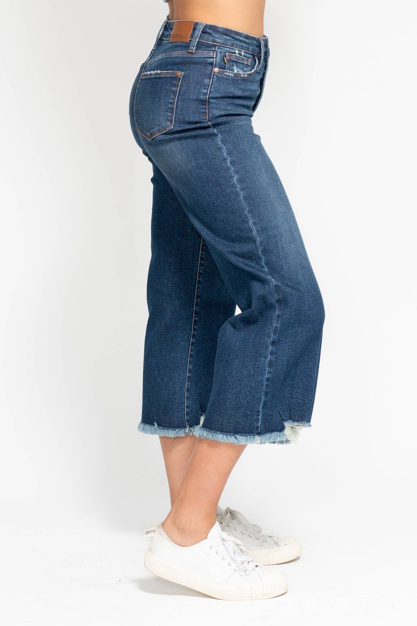 High Waisted Button Fly Destroy Hem Crop Wide