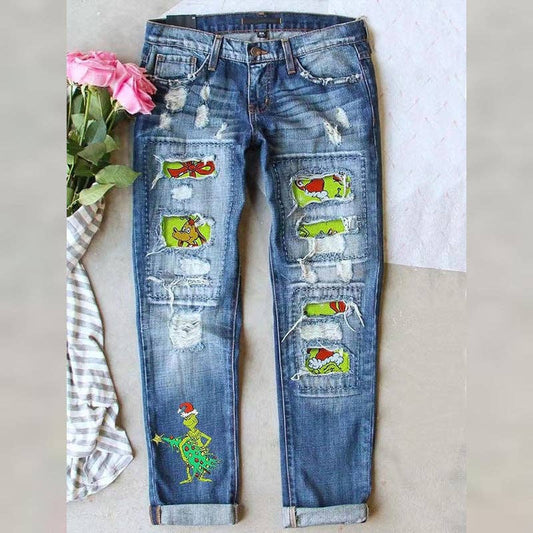 Women’s Distressed Straight Leg Jeans with Christmas