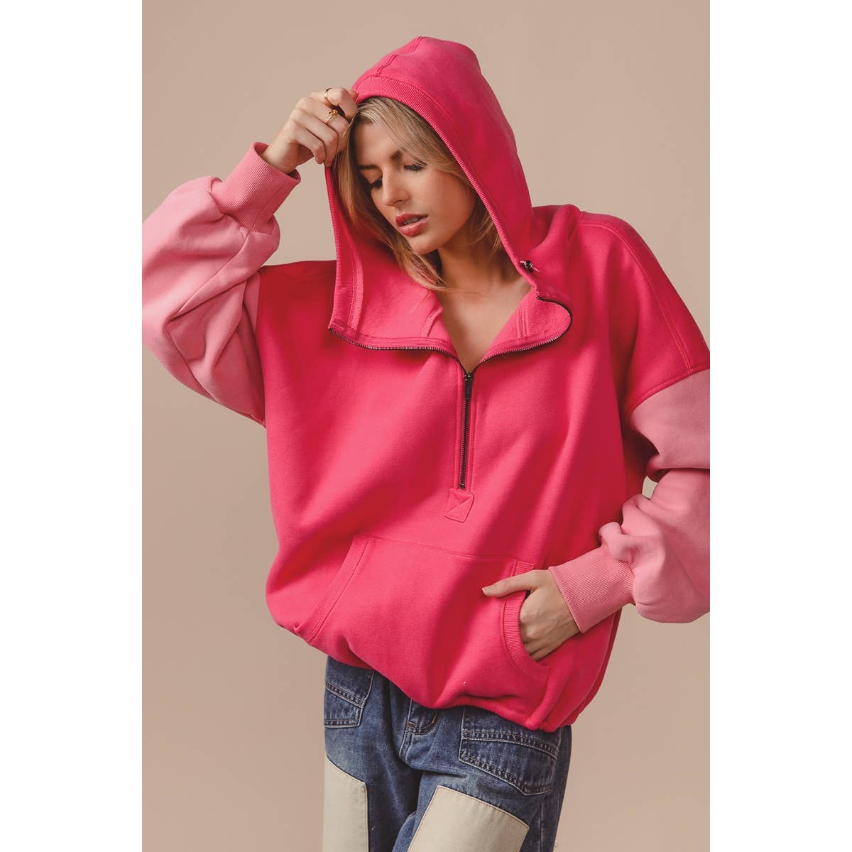 COLOR BLOCK ELASTIC HEM FLEECE HOODIE