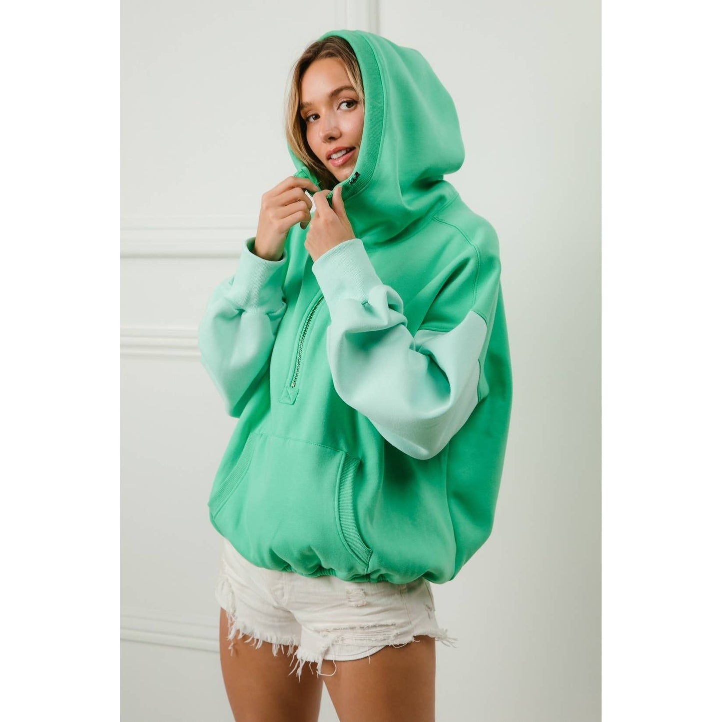 COLOR BLOCK ELASTIC HEM FLEECE HOODIE