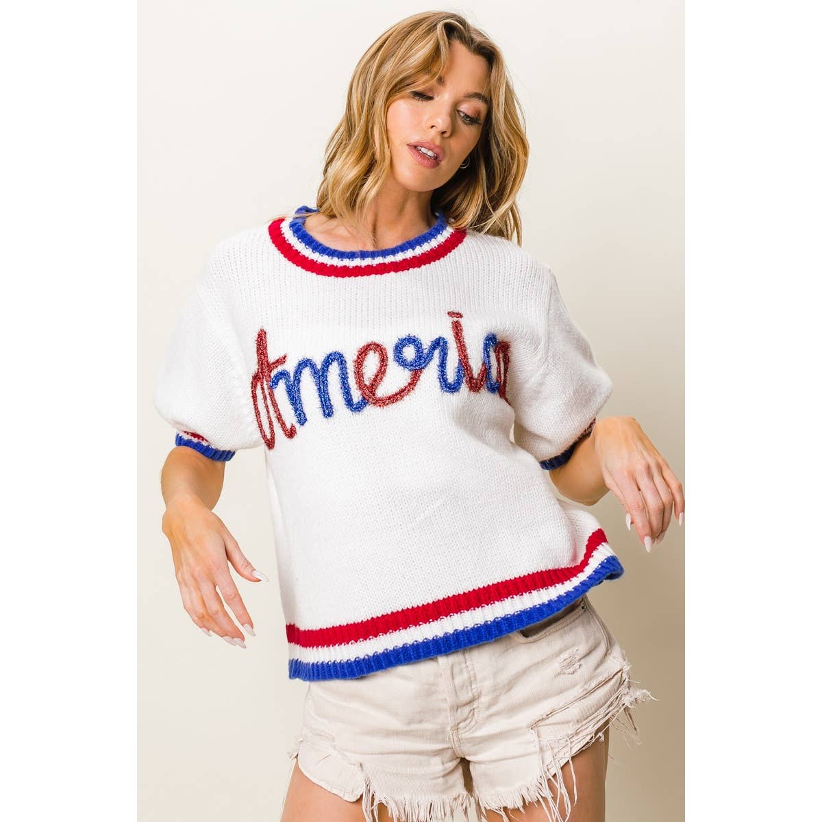 METALLIC AMERICA LETTER SHORT PUFF SLEEVE SWEATER
