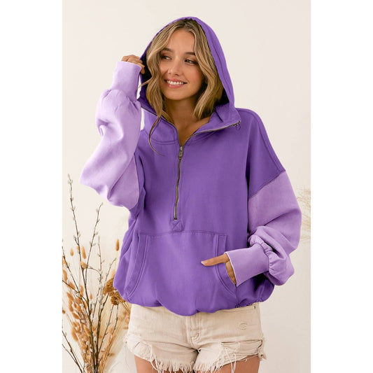 COLOR BLOCK ELASTIC HEM FLEECE HOODIE