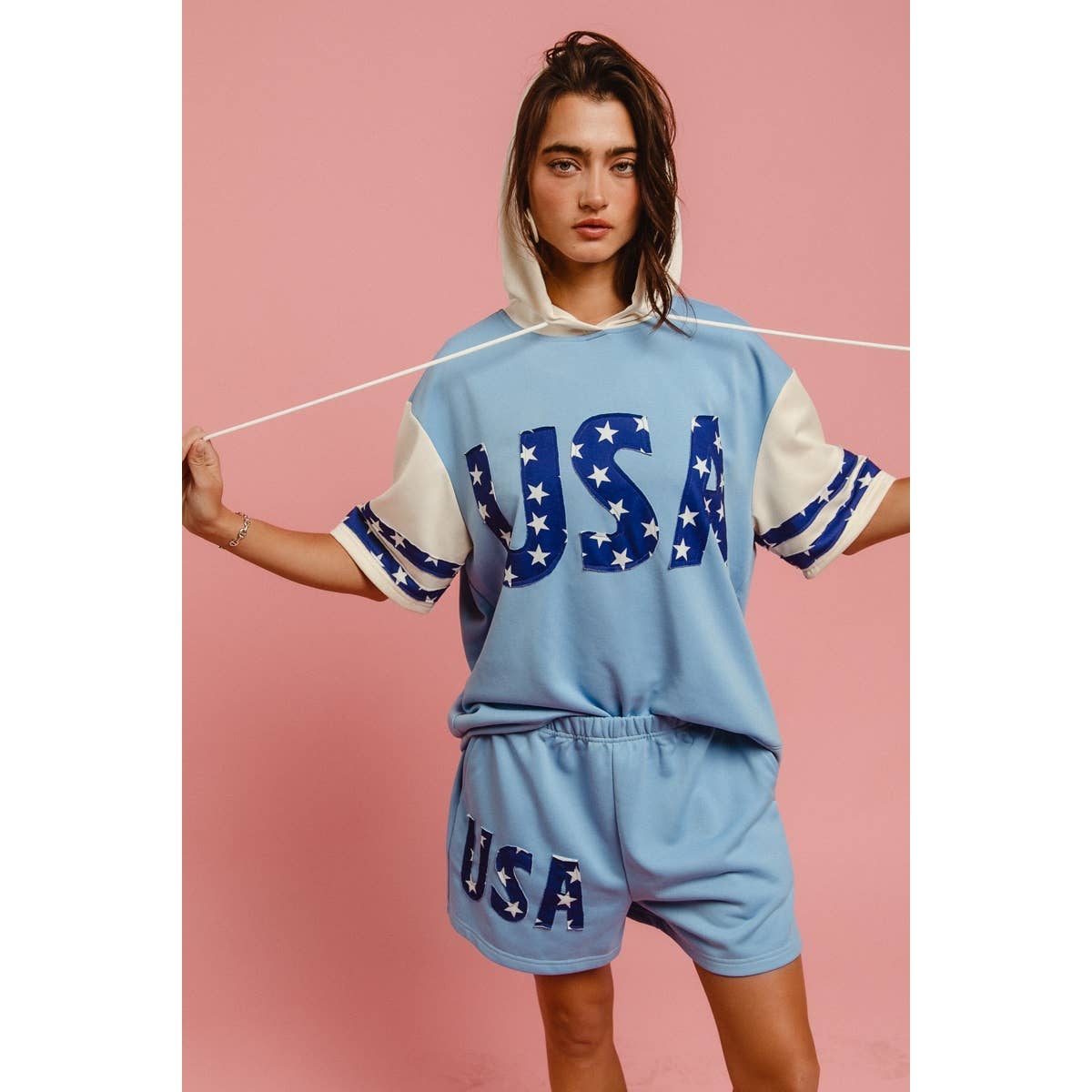 USA STAR PRINT MIX AND MATCH SHORT SLEEVES HOODIE TOP