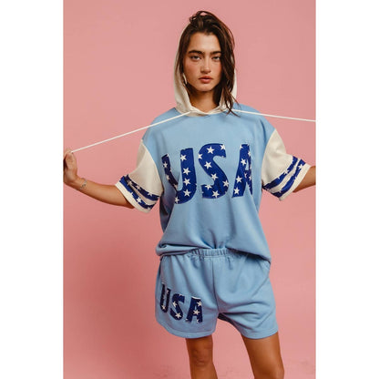 USA STAR PRINT MIX AND MATCH SHORT SLEEVES HOODIE TOP