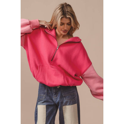 COLOR BLOCK ELASTIC HEM FLEECE HOODIE