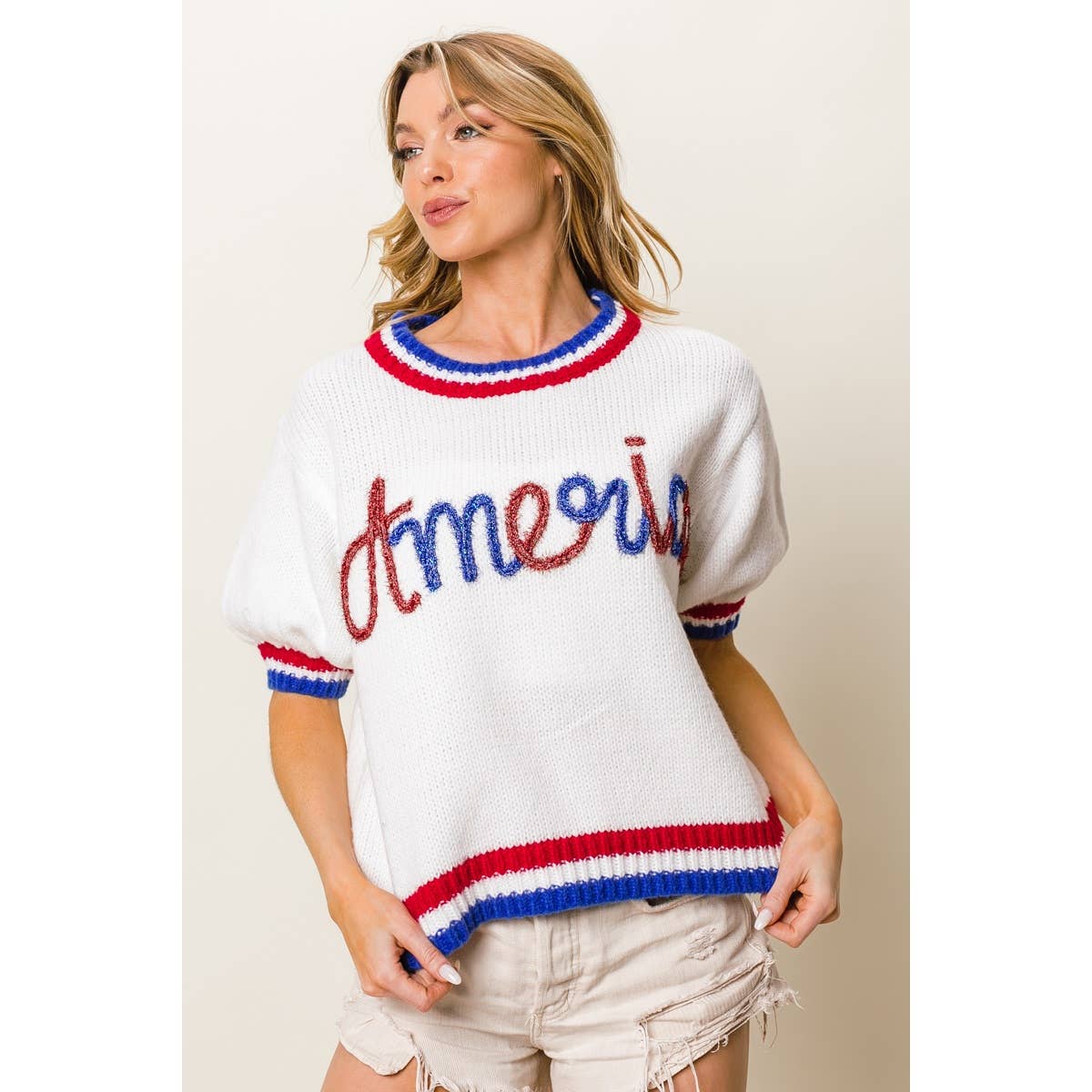 METALLIC AMERICA LETTER SHORT PUFF SLEEVE SWEATER