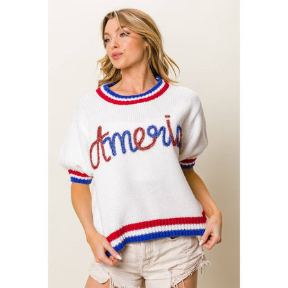 METALLIC AMERICA LETTER SHORT PUFF SLEEVE SWEATER