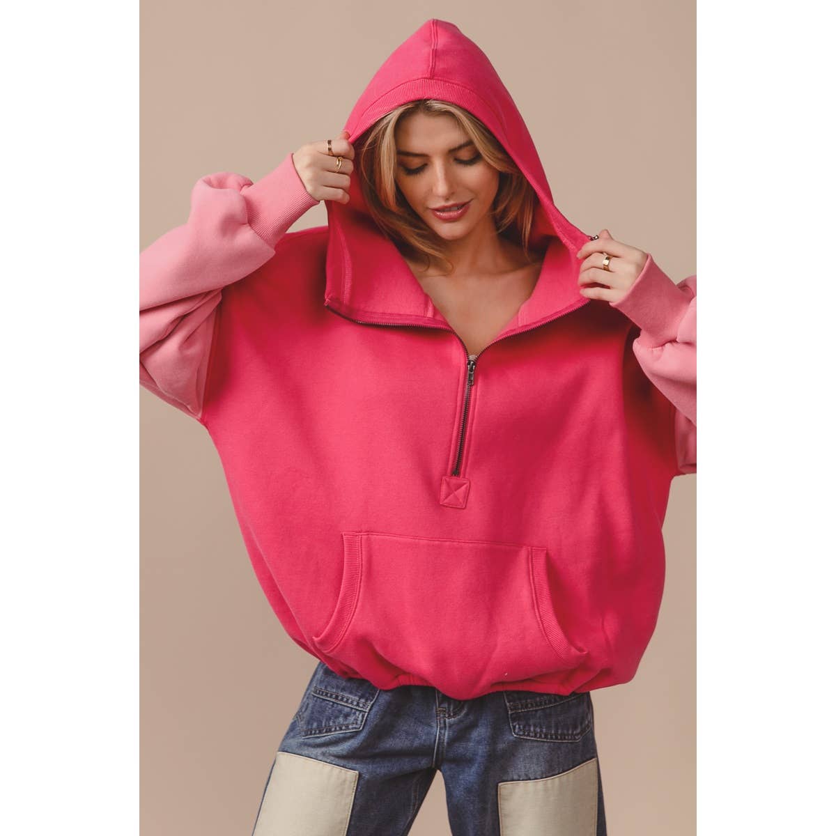 COLOR BLOCK ELASTIC HEM FLEECE HOODIE