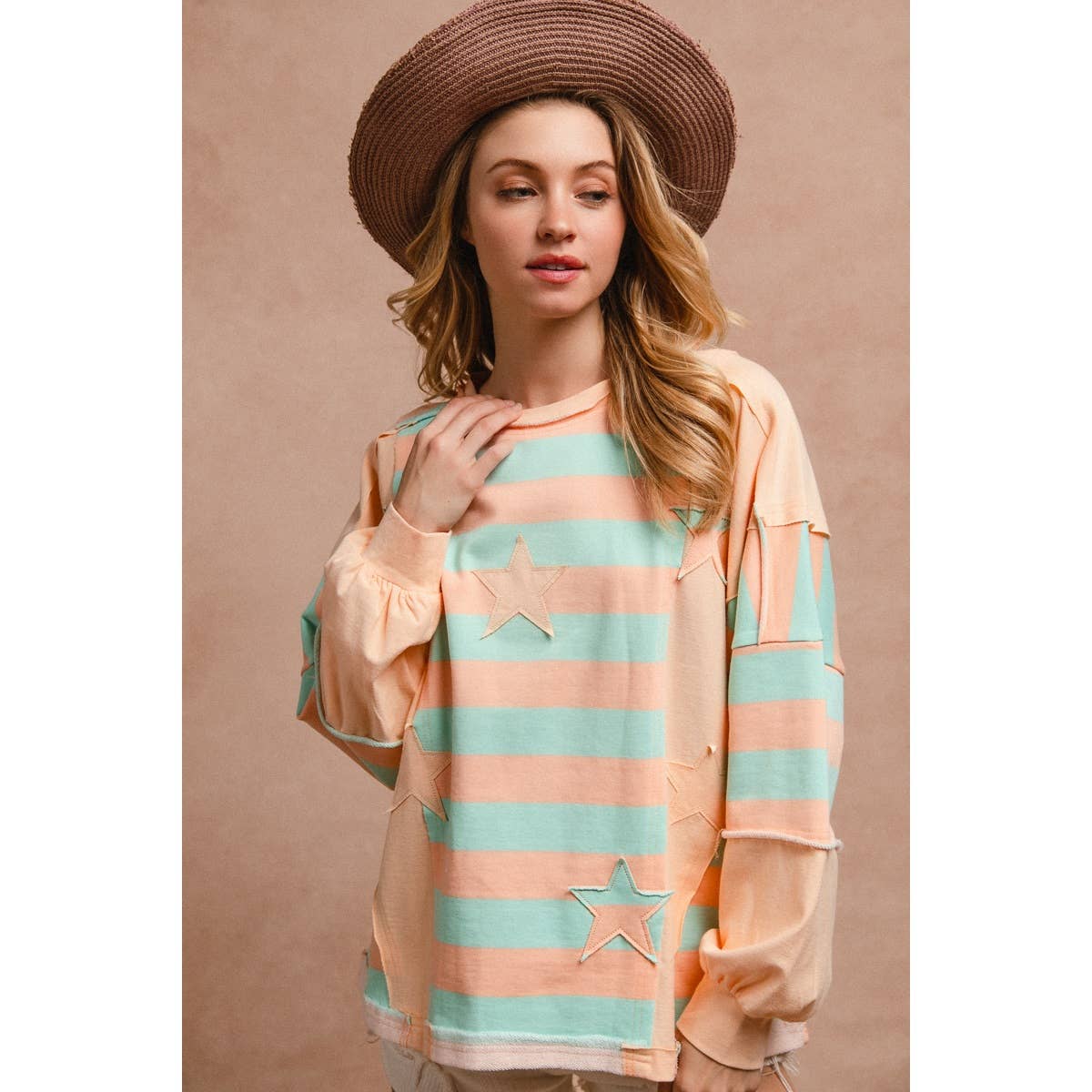 STRIPE AND PATCHWORK SWEATSHIRT TOP