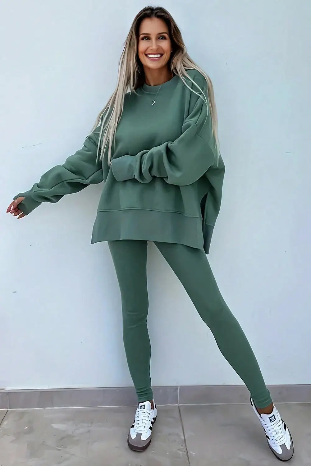 Solid Oversize Slit Sweatshirt with Ribbed Leggings Set