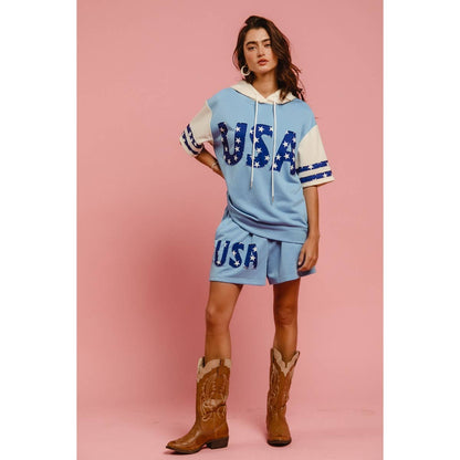 USA STAR PRINT MIX AND MATCH SHORT SLEEVES HOODIE TOP