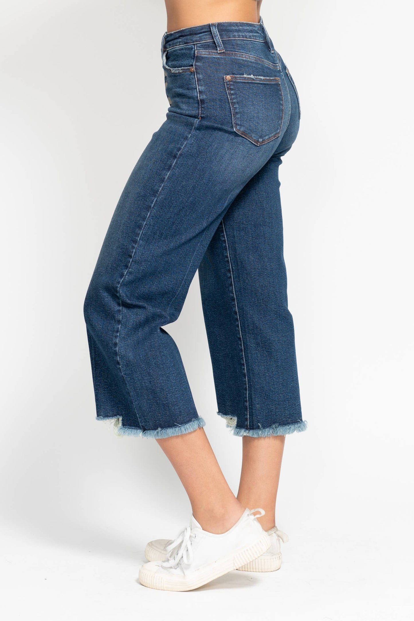 High Waisted Button Fly Destroy Hem Crop Wide