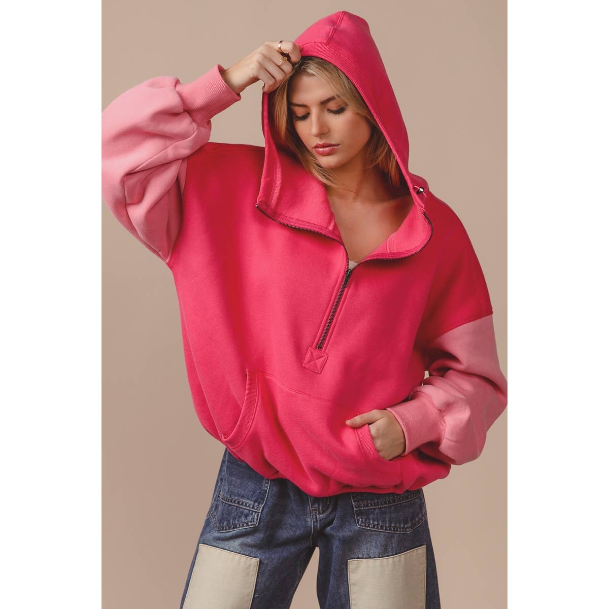 COLOR BLOCK ELASTIC HEM FLEECE HOODIE