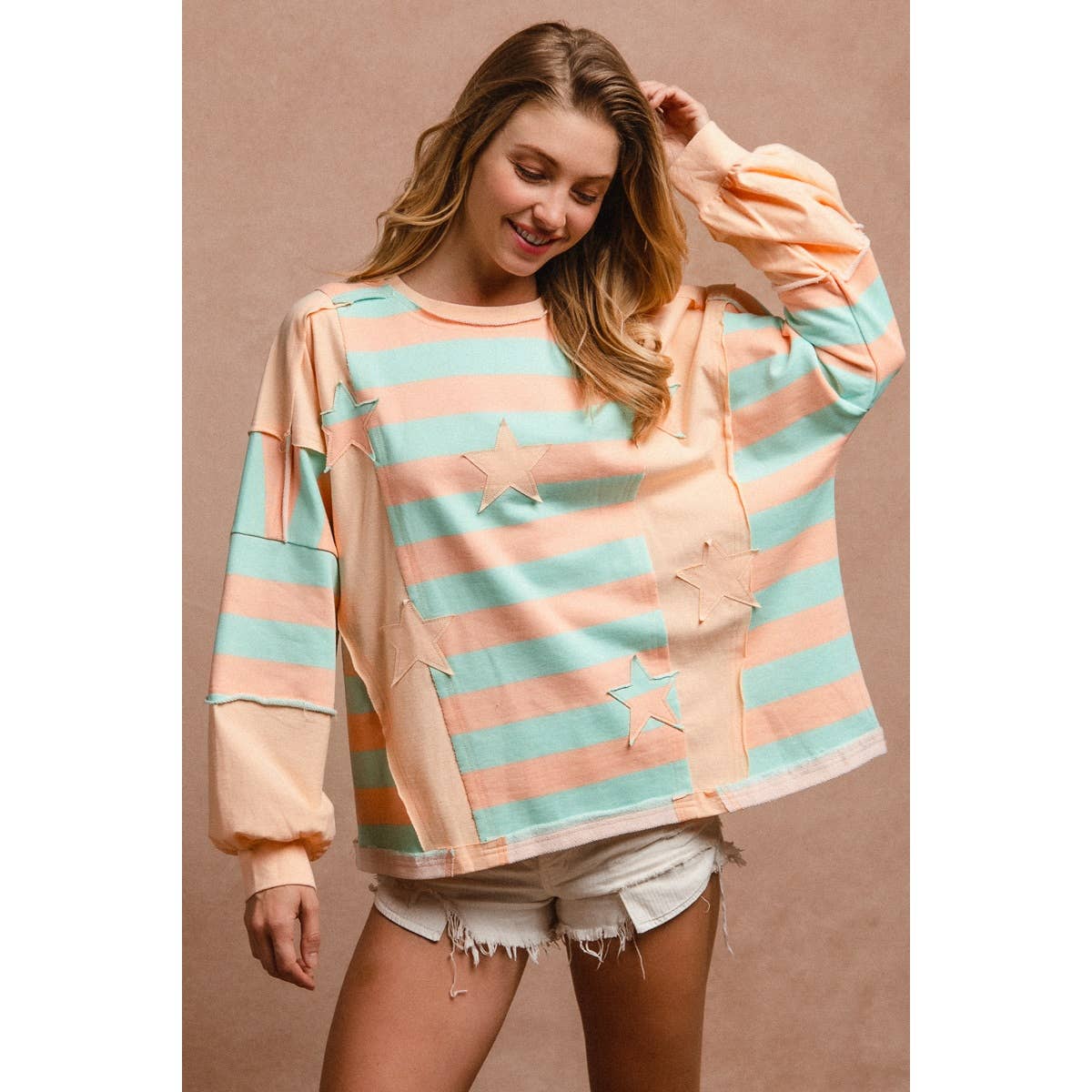STRIPE AND PATCHWORK SWEATSHIRT TOP