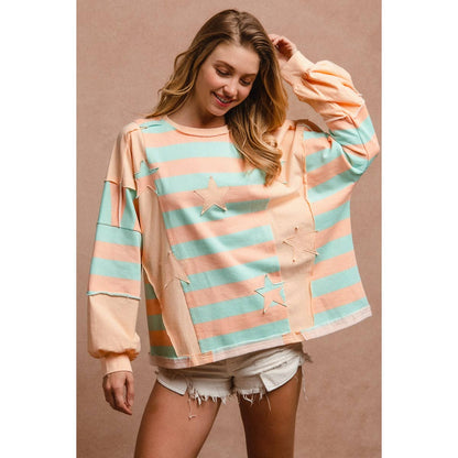 STRIPE AND PATCHWORK SWEATSHIRT TOP