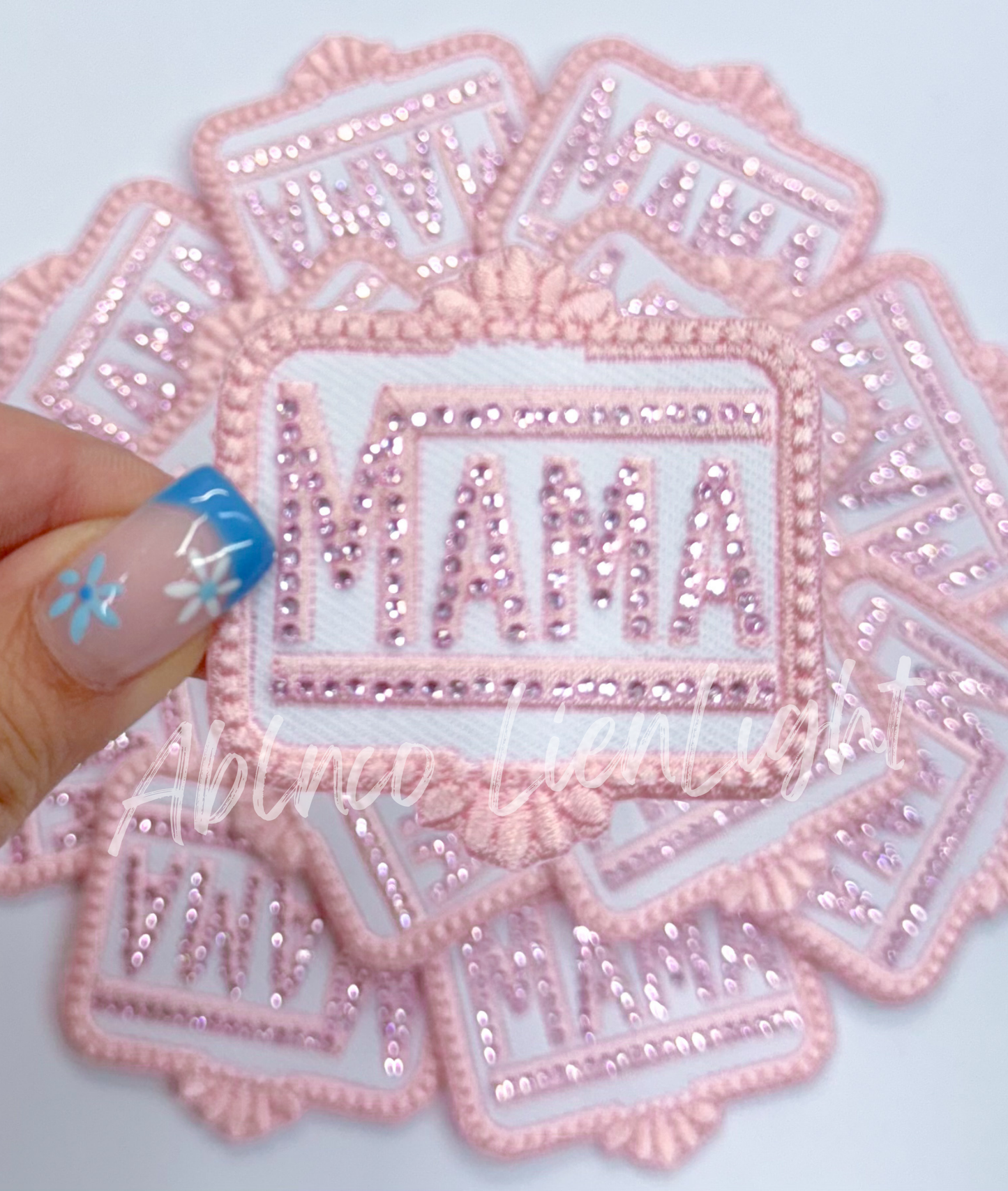 Rhinestone mama small pink trucker hat patch iron on