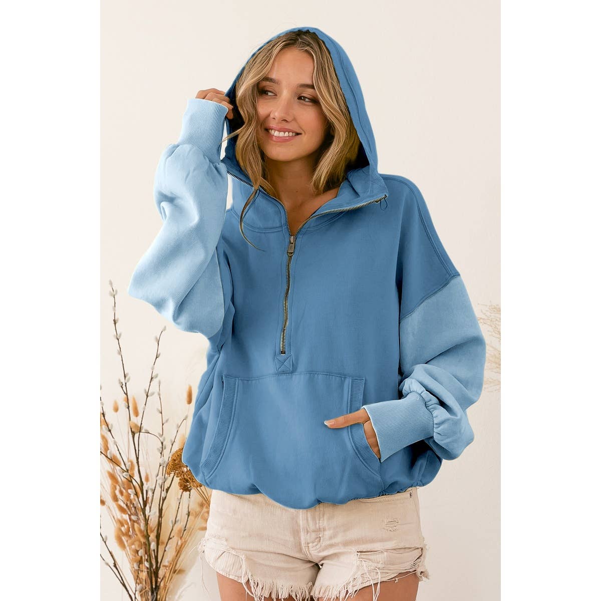 COLOR BLOCK ELASTIC HEM FLEECE HOODIE