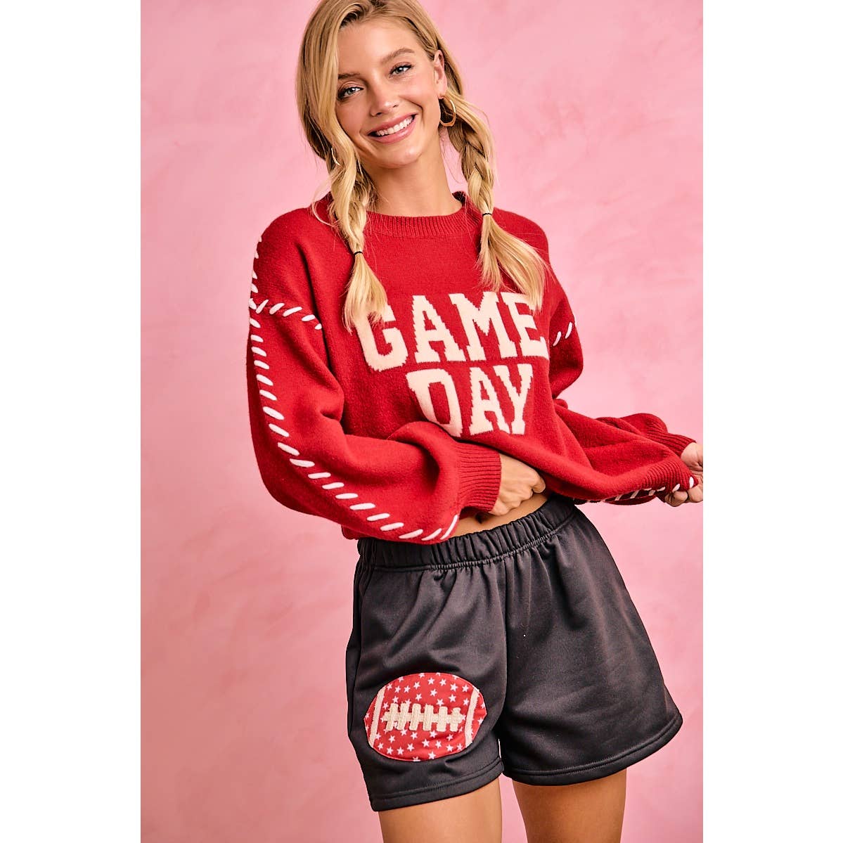 GAMEDAY THEME CONTRAST STITCH LONG SLEEVES KNIT TOP