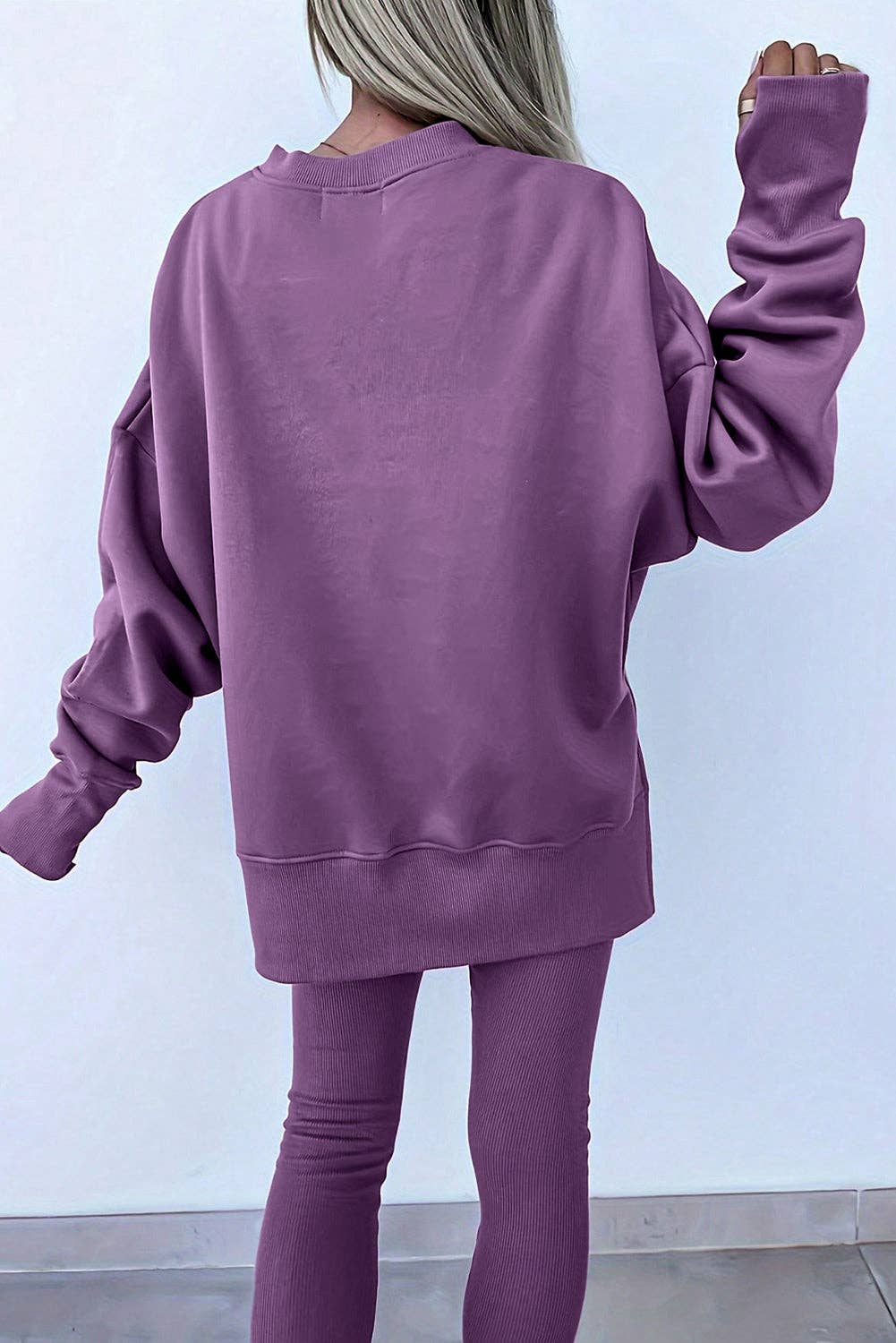 Solid Oversize Slit Sweatshirt with Ribbed Leggings Set