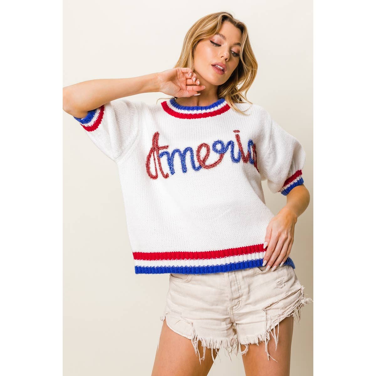 METALLIC AMERICA LETTER SHORT PUFF SLEEVE SWEATER