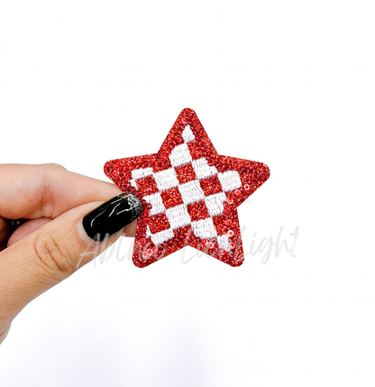 Red checkered star embroidery glitter sequin patch