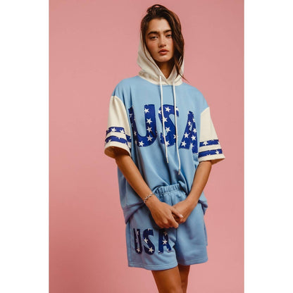 USA STAR PRINT MIX AND MATCH SHORT SLEEVES HOODIE TOP