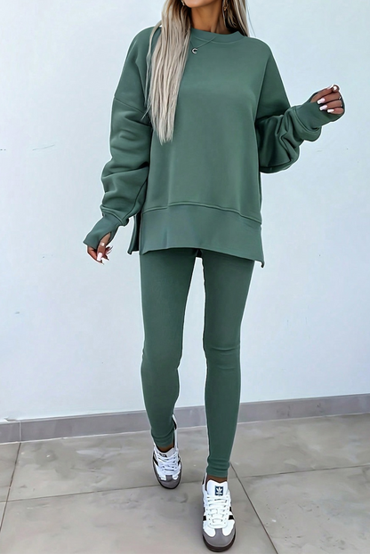 Solid Oversize Slit Sweatshirt with Ribbed Leggings Set