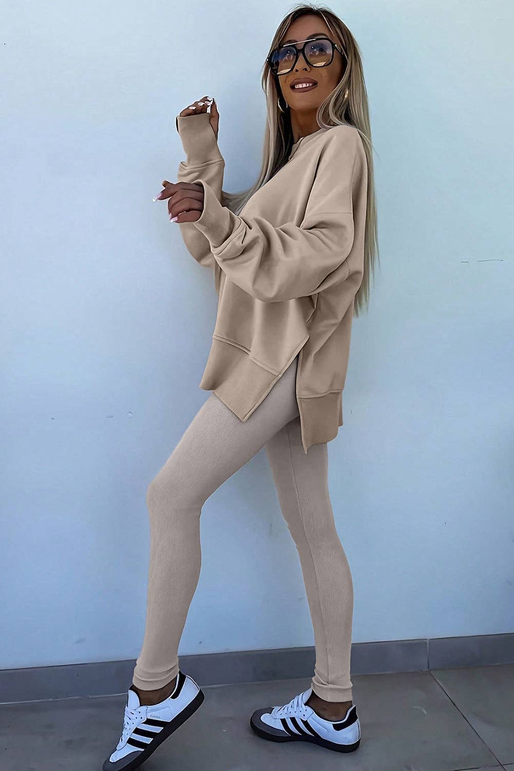 Solid Oversize Slit Sweatshirt with Ribbed Leggings Set
