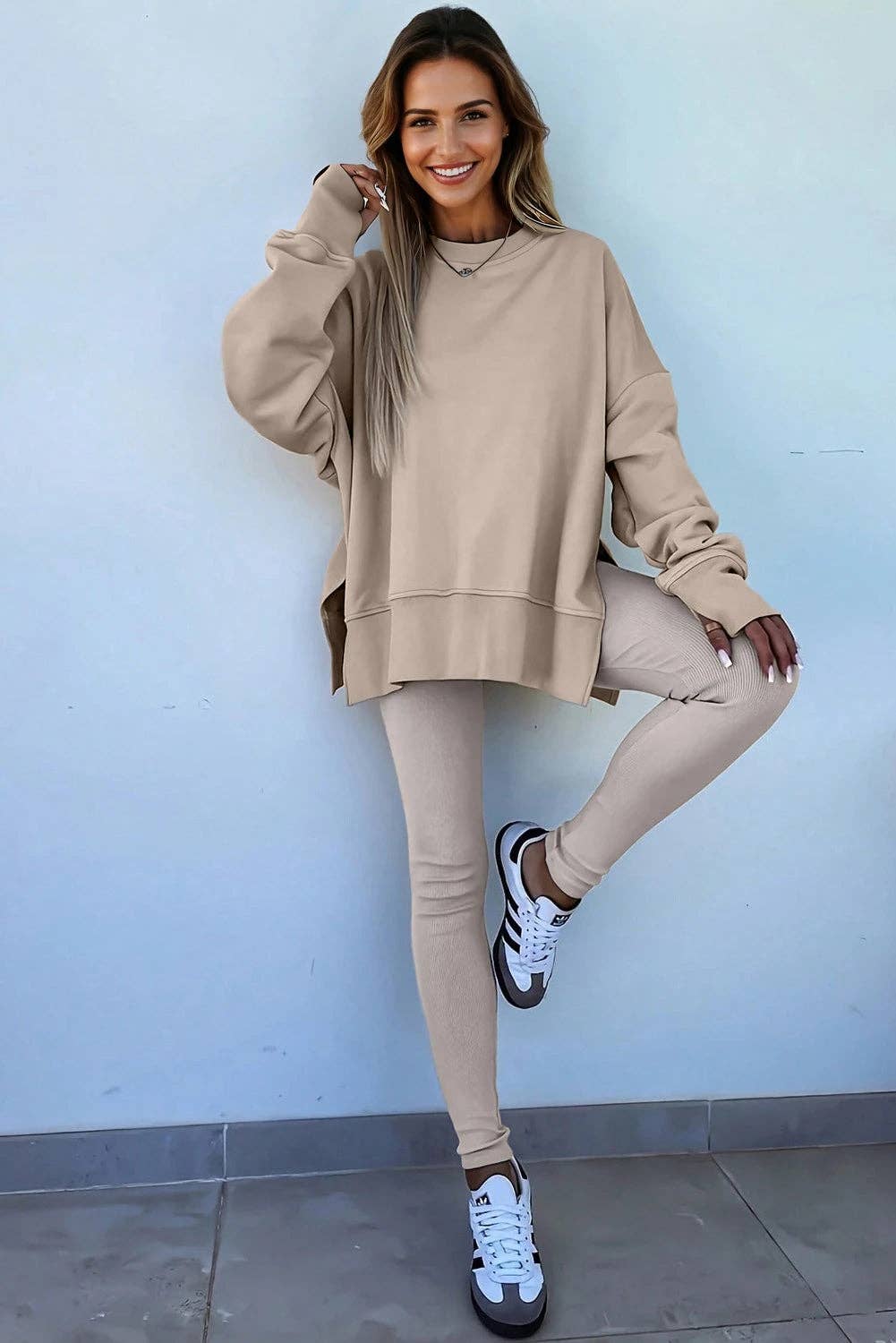 Solid Oversize Slit Sweatshirt with Ribbed Leggings Set